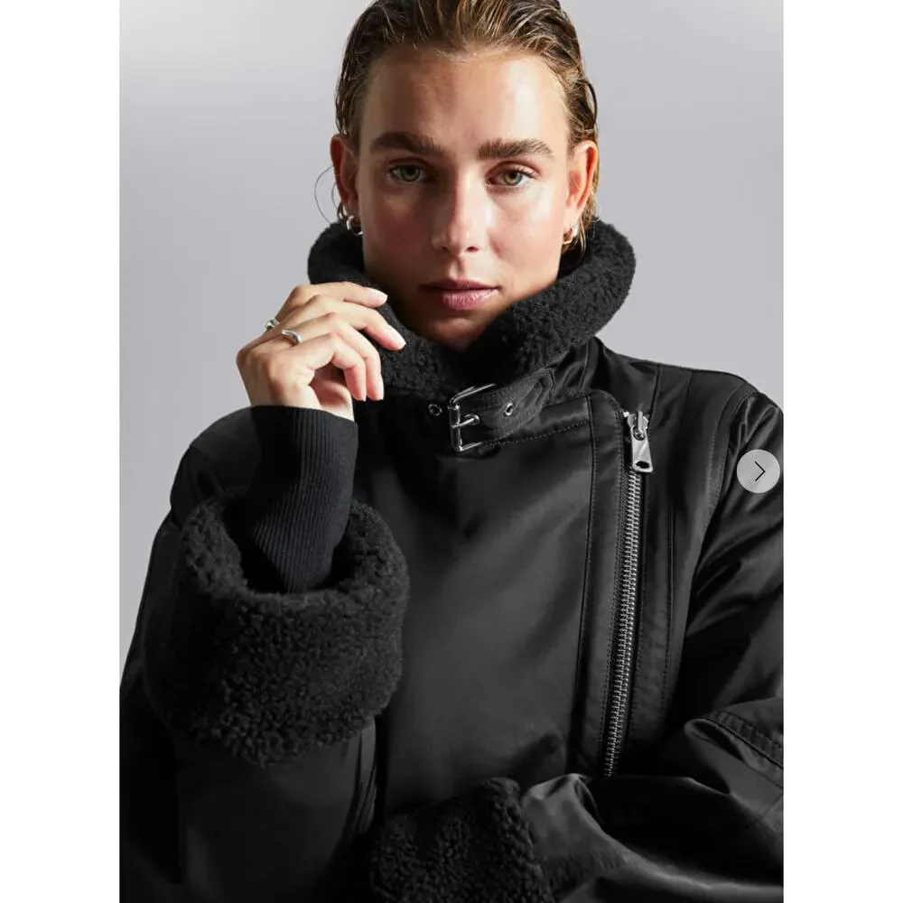 & Other Stories Stockholm Aviator Jacket Womens Large Black New Faux Shearling - Picture 4 of 16